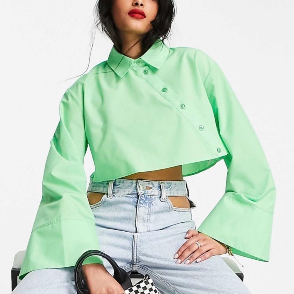 ASOS Cropped Button-Down Shirt with wide sleeves and asymmetric buttons in green